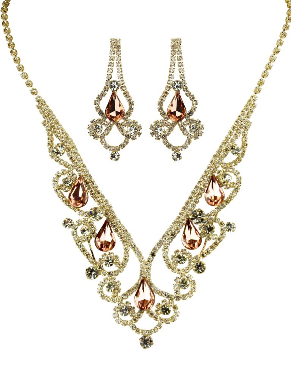 Vintage Style CZ Necklace Earrings Set Amber-Color - Picture 3 of 6
